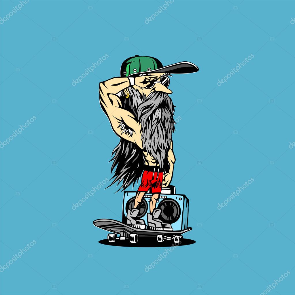 Hipster male wearing cap,long hairs,colorful, beard and mustache, stylish on white background vector illustration