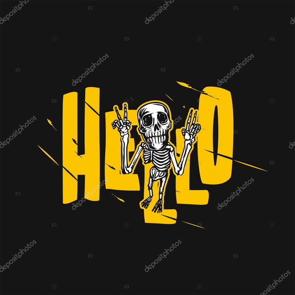 A skeleton raises his hands on black background with typography vector illustration design.