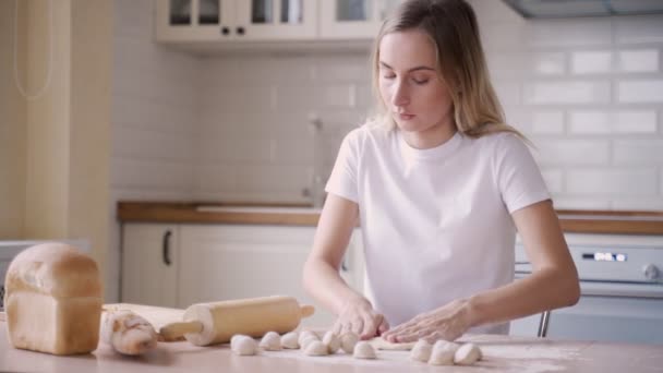 Rouler la pâte pour les boulettes. La femme au foyer roule la pâte avec un rouleau . — Video