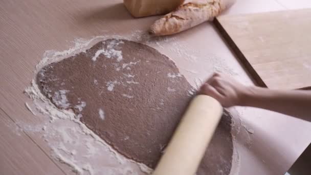 Despliegue la masa de galletas con un rodillo. Página de inicio Preparación de pasteles en Navidad. galletas tradicionales de Navidad con canela y especias — Vídeo de stock