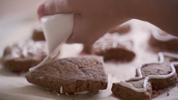 Decoración de galletas de jengibre con glaseado real para Navidad . — Vídeo de stock