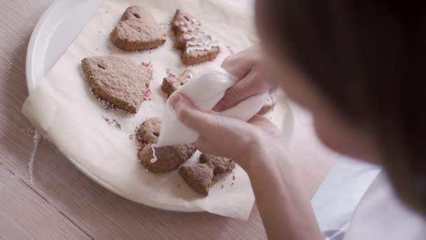 クリスマスのため高貴なアイシングとジンジャーブレッドのクッキーを飾ること. — ストック動画