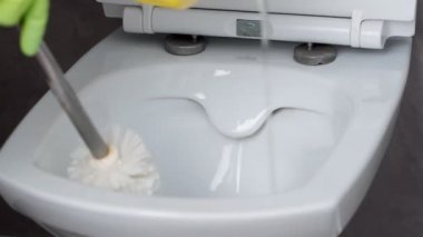Fırça ve deterjan, ev temizliği ve ev işleri için kavram kullanarak yeşil eldiven Temizleme tuvalet kase kadın el