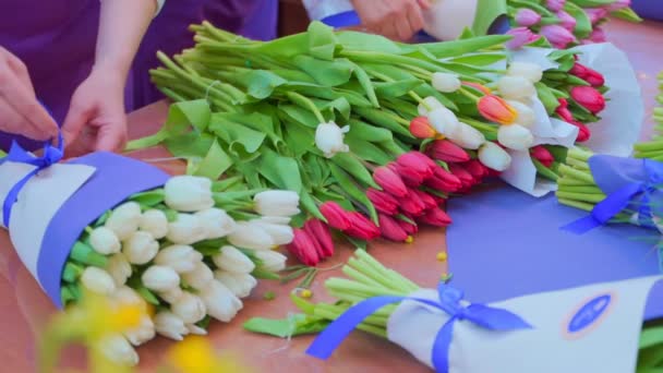 Una mujer recoge un ramo de tulipanes en el mercado de flores. Entrega de flores, creación de pedidos, pequeña empresa . — Vídeo de stock