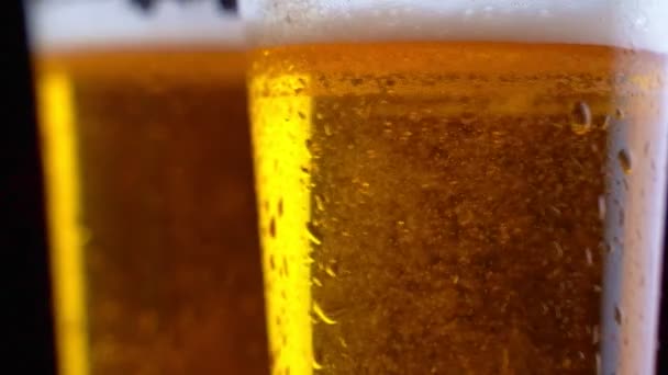 Una cerveza fresca. Mano toma un vaso con deliciosa cerveza artesanal. Cerveza fresca fría con gotas de agua, burbujas y espuma — Vídeo de stock