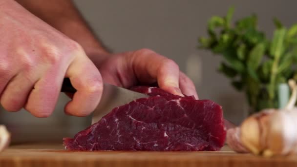 Mão cortar carne crua com a faca — Vídeo de Stock