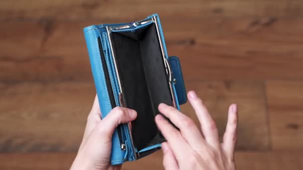 Woman taking American dollars from wallet, close-up of hand — Stock Video