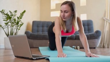 Oturma odasında dizüstü bilgisayarla çalışan sağlıklı kadın portresi.