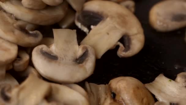 Großaufnahme einer Frau mit Holzspachtel stört gehackte Champignon-Pilze in der Pfanne. Zeitlupenvideo — Stockvideo