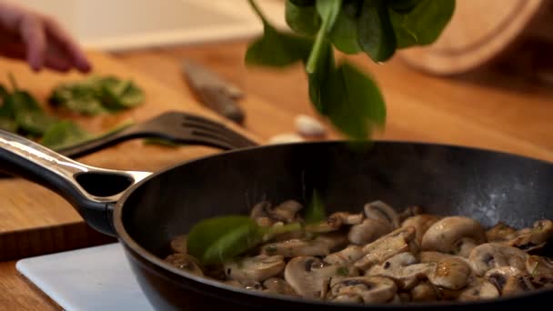 Крупным планом женщина кладет шпинат в грибы, которые жарятся в сковороде. Видео замедленного действия — стоковое видео