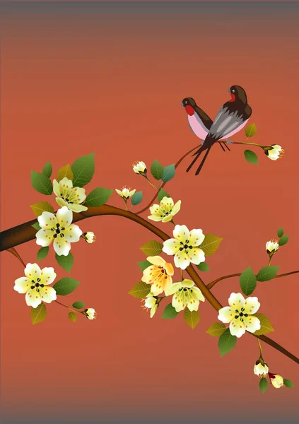 晚上在花园里盛开的樱花和鸟儿歌唱 — 图库矢量图片