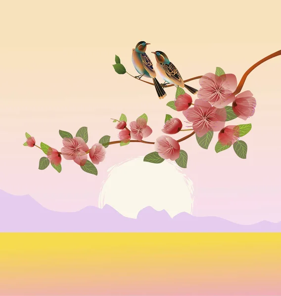 Sakura.Evening 在花园里盛开的樱花和鸟唱 — 图库矢量图片
