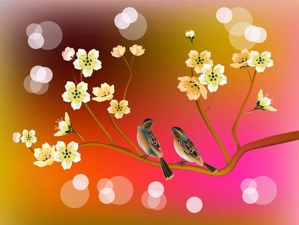 Sakura.Evening w ogrodzie kwitnących wiśni i Ptaki śpiewają — Wektor stockowy