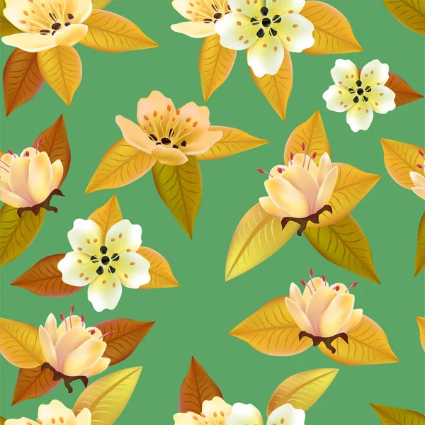 Бесшовный Весенний Фон Белыми Цветами Зелеными Желтыми Листьями — стоковый вектор