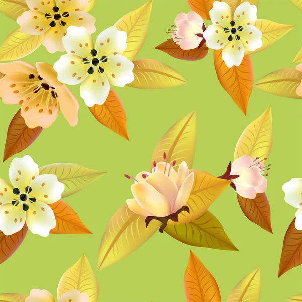 緑や黄色の葉で白い花を持つシームレス春の背景 — ストックベクタ