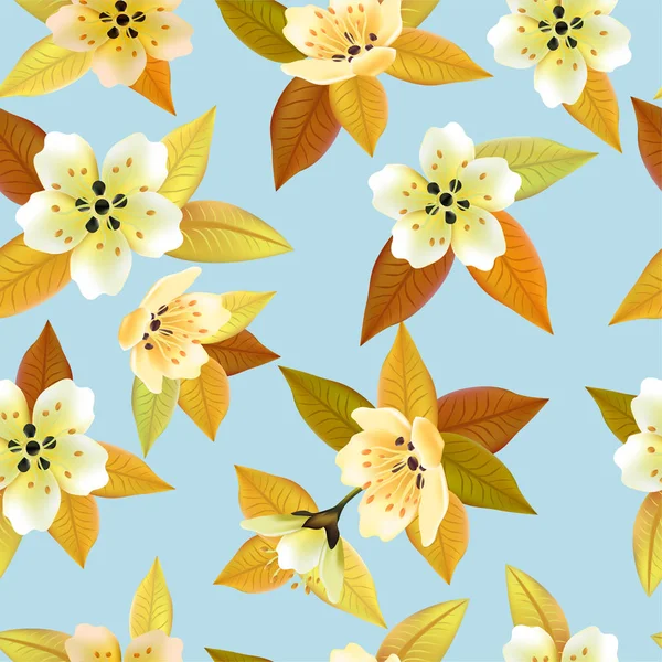 Бесшовный Весенний Фон Белыми Цветами Зелеными Желтыми Листьями — стоковый вектор