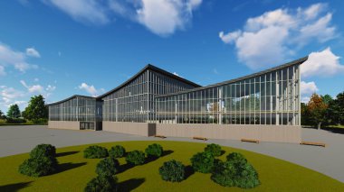 Çok katlı iş merkezinin 3D projesi. Yaz günü.