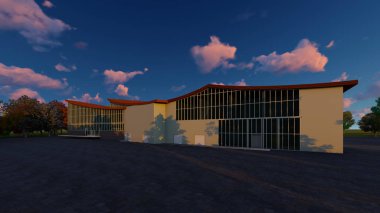 Çok katlı iş merkezinin 3D projesi. Yaz akşamı..