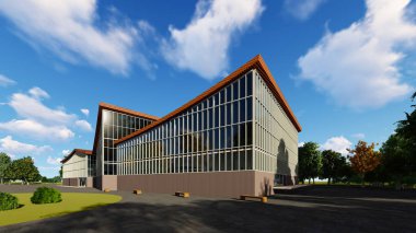 Çok katlı iş merkezinin 3D projesi. Yaz günü.