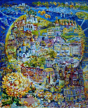                Tuvale resim yapmak. Sonbahar, Kiev aşkın adası gibi. Tuval yağı, güzel sanatlar..                