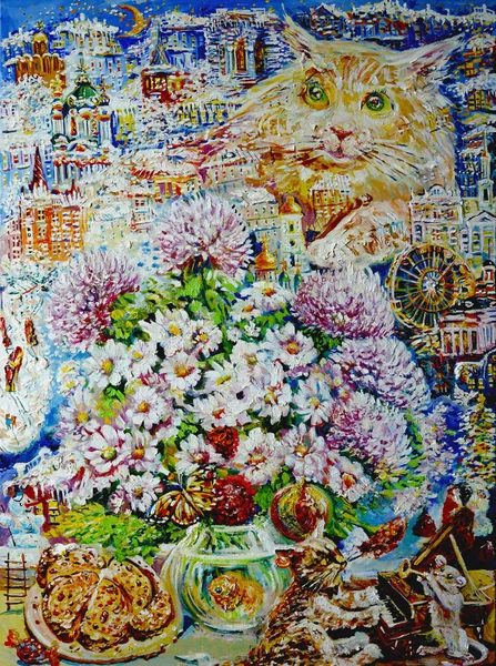 Festészet Vászonra Sárga Macska Háttérben Egy Havas Város Csendes Élet — Stock Fotó