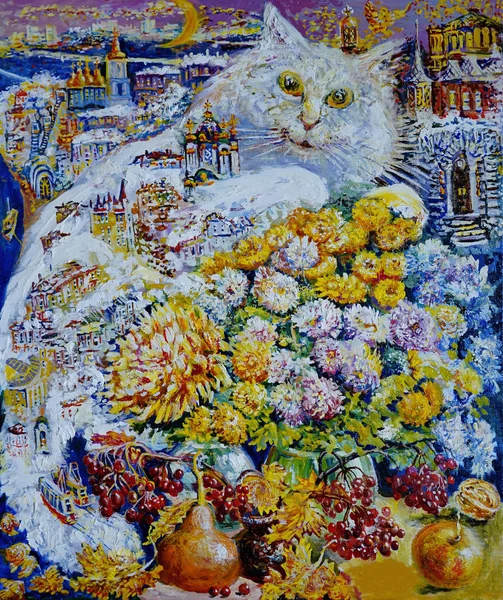 Painting on canvas. A white cat against the background     of a snow-covered city, next to a still life with autumn yellow flowers . Canvas oil, Fine art.