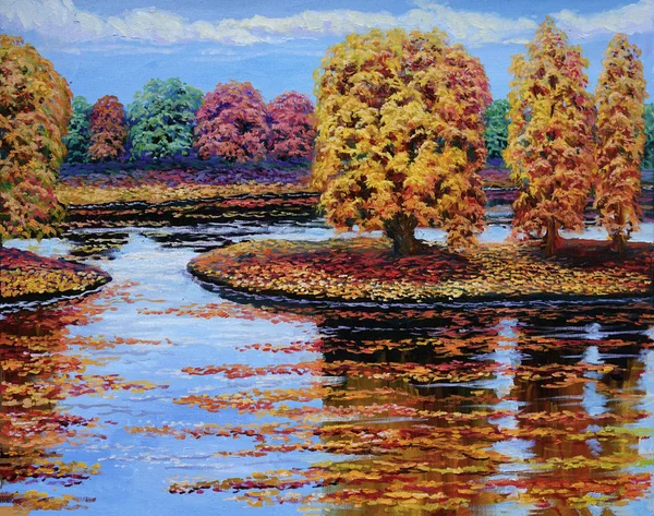 Malowanie Płótnie Jesień Żółte Drzewa Rzeka Opadłe Liście Leżą Ziemi — Zdjęcie stockowe