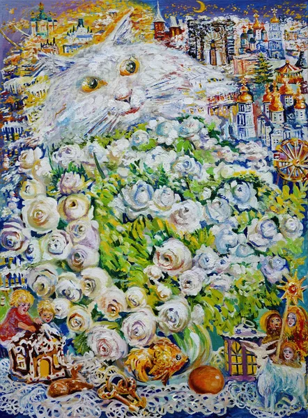 Painting on canvas. A white cat on the background of a snow-covered city, next to a still life with white roses. Canvas, oil, fine art.