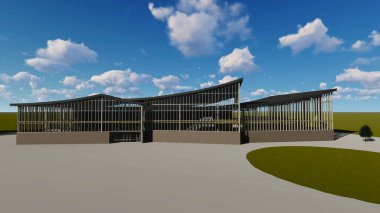 Çok katlı iş merkezinin 3D projesi. Yaz günü.