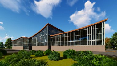 Çok katlı iş merkezinin 3D projesi. Yaz günü.