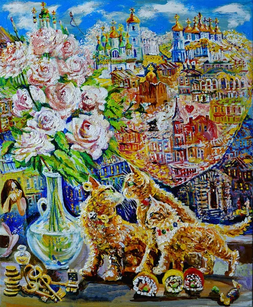 Paintings White Roses Background Nature City Three Red Cats — Stock Photo, Image