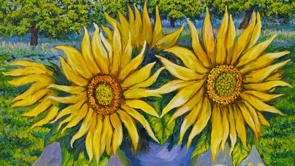 Pintura Sobre Lienzo Girasoles Sobre Fondo Verde Acercamiento Bellas Artes — Foto de Stock