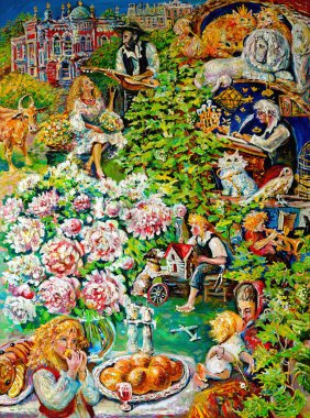                   Yahudilerin Şabat için hazırlanması Sinagog 'un arka planına karşı, beyaz şakayıklı bir buket ve masada yemek ve şarap. Tuvale resim yapmak..             