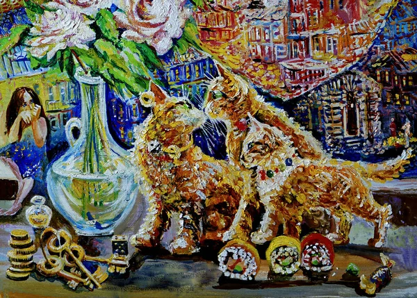キャンバスに絵を描くと 白いバラの花瓶の近くに3匹の赤い猫 美術品 — ストック写真