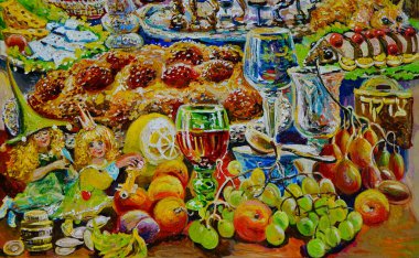 Balık ve meyveyle doldurulmuş helal şaraplı Still Life Musevi. Tuvale resim yapmak.    
