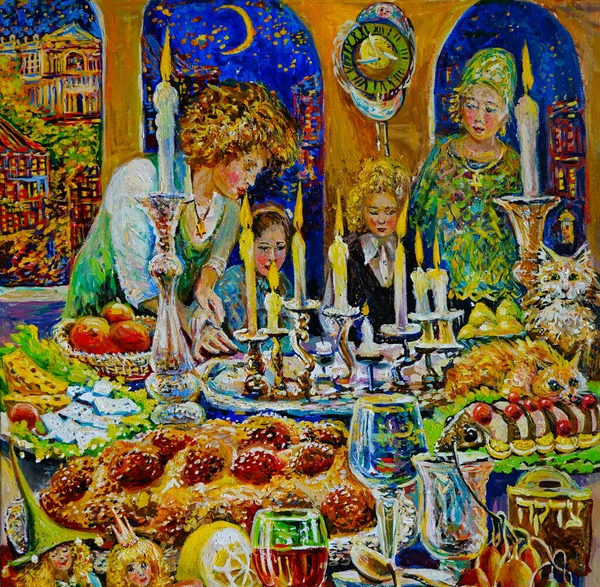Pittura Una Famiglia Ebrea Accende Candele Sabato Shabbat Shalom Pittura — Foto Stock
