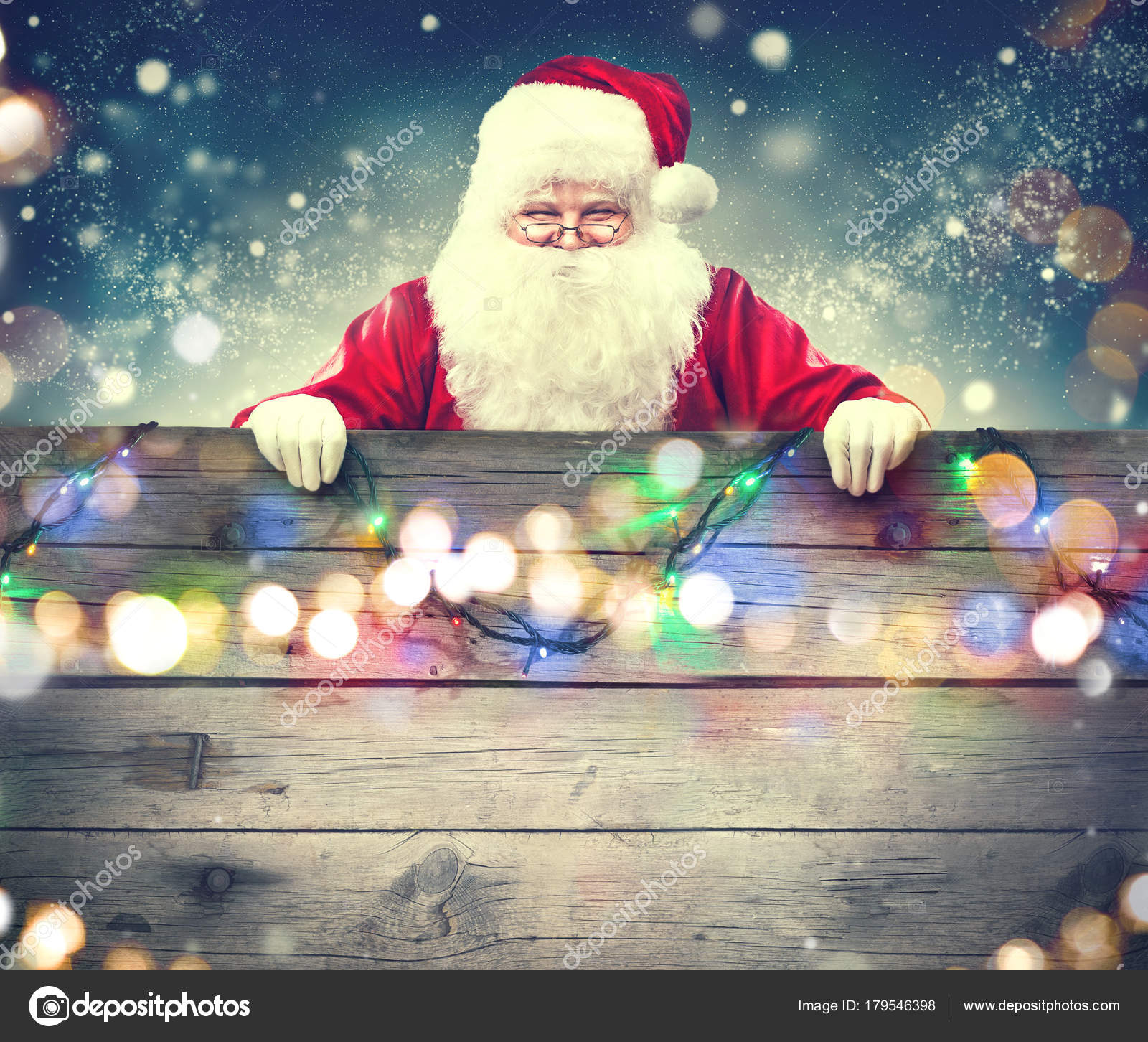 Happy Santa Claus Holding Wooden Banner Background Stock Photo by  ©Subbotina 179546398