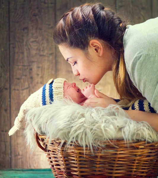 Happy Mother Playing Kissing Newborn Baby Boy — Stock Photo, Image