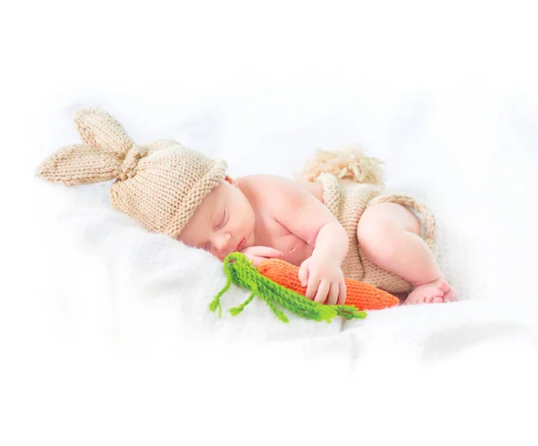 Cute Two Weeks Old Newborn Baby Boy Wearing Knitted Bunny — Stock Photo, Image