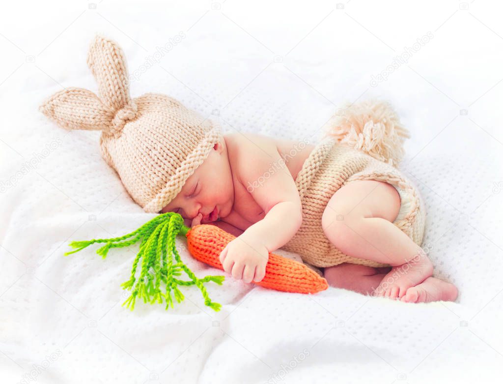 Cute two weeks old newborn baby-boy wearing knitted bunny costume, hat with rabbit ears, tail and carrot toy