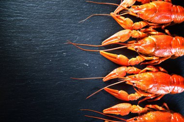 Kırmızı haşlanmış kerevides baharat ile üstten görünüm üzerinde taş kayrak