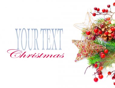 Beyaz arka plan, metin için yer ile dallarda köknar ile Noel dekorasyon