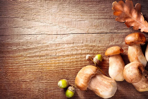 Vista Superior Cogumelos Com Bolotas Mesa Rústica Madeira — Fotografia de Stock