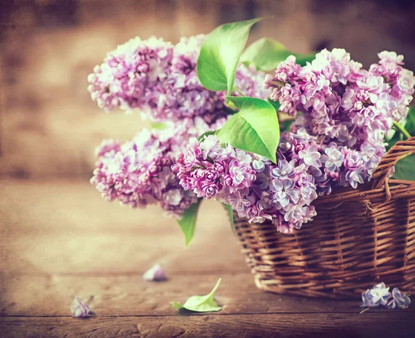 Lilac Flowers Bunch Basket Blurred Background — Stock Photo, Image