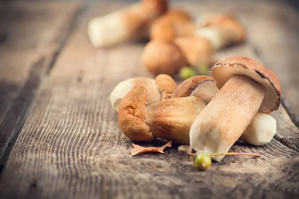 Vista Próxima Cogumelos Com Bolotas Mesa Rústica Madeira — Fotografia de Stock