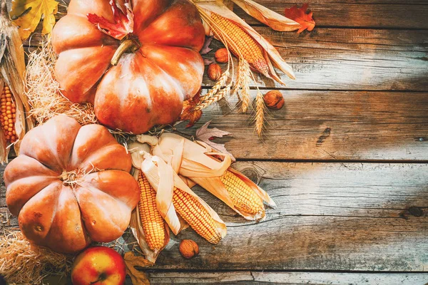 Citrouille Orange Avec Des Cors Sur Fond Bois — Photo