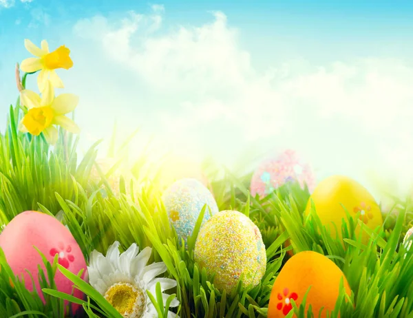 Oeufs Colorés Pâques Dans Prairie Herbe Printemps Sur Ciel Bleu — Photo