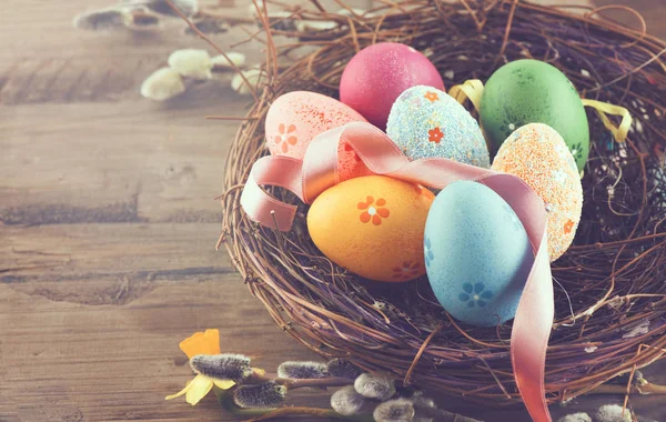 Huevos Coloridos Pascua Nido Con Flores Primavera Sobre Fondo Madera —  Fotos de Stock