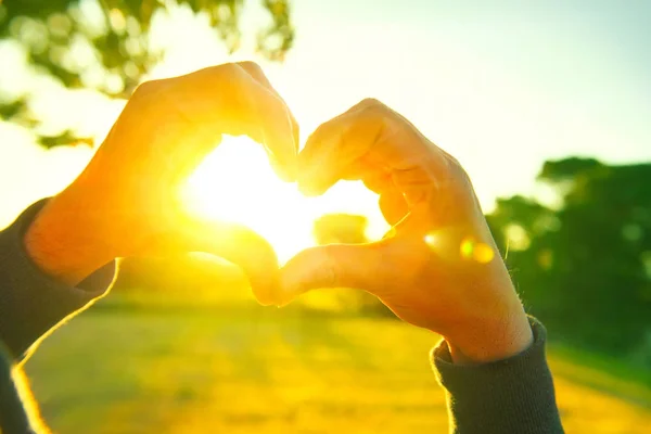 Pessoa Fazendo Coração Com Mãos Sobre Pôr Sol — Fotografia de Stock