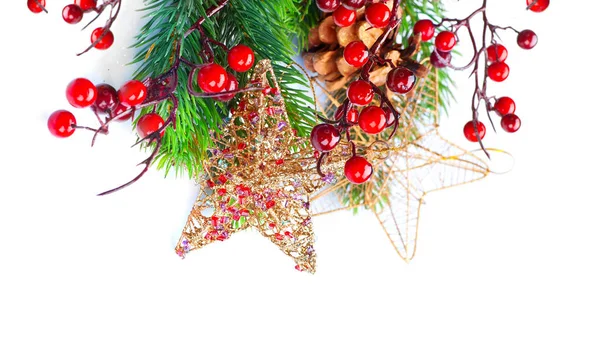 Kerst Decoratieve Sterren Met Spar Takken Witte Achtergrond — Stockfoto